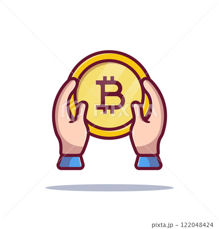 Business concept. hands holding bit coin cartoon icon illustration flat style on white background for web, landing page, ads, advertisement, sticker, banner, flier Business concept. hands holding bit coin cartoon icon illustration flat style on white background for web, landing page, ads, advertisement, sticker, banner, flier 122048424