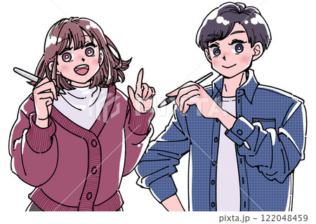 ペンを持つ笑顔の男女 ペンを持つ笑顔の男女 122048459