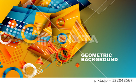 Abstract background - overlapping circles, rectangles, and triangles with vibrant gradients. Semi-transparent shapes create depth and balance Abstract background - overlapping circles, rectangles, and triangles with vibrant gradients. Semi-transparent shapes create depth and balance 122048567