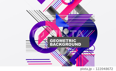 Geometric Abstract Background with Bold Shapes and Contrasting Colors. Circles, triangles, squares and lines with shadow effect 122048672