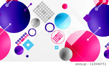 Minimalistic abstract vector design, layered geometric shapes circles, squares, and triangles with soft pastel gradients and semi-transparent effects. Perfect for contemporary use 122048751