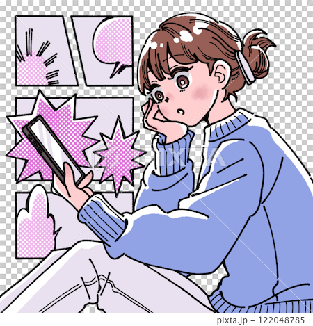 Illustration of a woman reading manga on a smartphone 122048785
