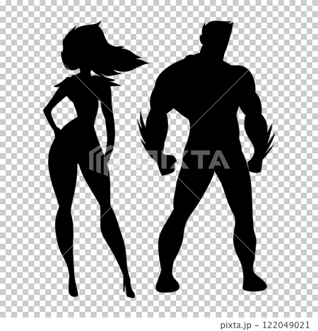 Superhero couple silhouettes. Powerful duo, ideal for comics and design projects Superhero couple silhouettes. Powerful duo, ideal for comics and design projects 122049021