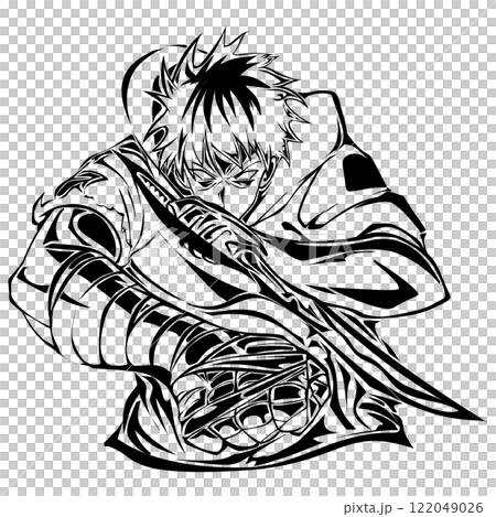 Anime/manga character with sword silhouette. Dynamic pose, ideal for fan art and design Anime/manga character with sword silhouette. Dynamic pose, ideal for fan art and design 122049026