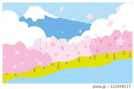 春のかわいい桜と富士山イラスト背景素材 122049217