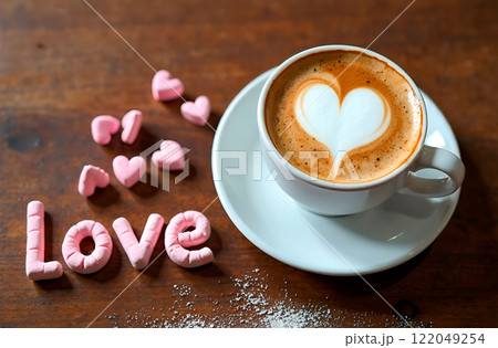 Word Love made of pink marshmallows and cup of coffee with foam in shape of heart. Valentine's Day. Pastry shops, coffee shops, restaurants 122049254