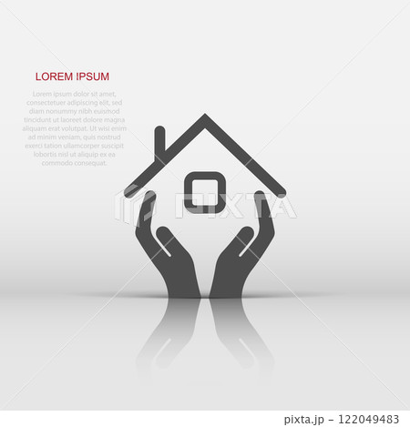 Home care icon in flat style. Hand hold house vector illustration on white isolated background. Building quality business concept. Home care icon in flat style. Hand hold house vector illustration on white isolated background. Building quality business concept. 122049483
