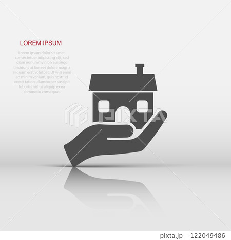 Home care icon in flat style. Hand hold house vector illustration on white isolated background. Building quality business concept. Home care icon in flat style. Hand hold house vector illustration on white isolated background. Building quality business concept. 122049486