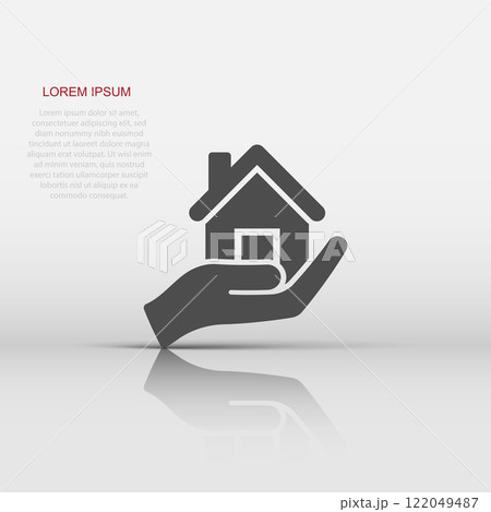 Home care icon in flat style. Hand hold house vector illustration on white isolated background. Building quality business concept. 122049487