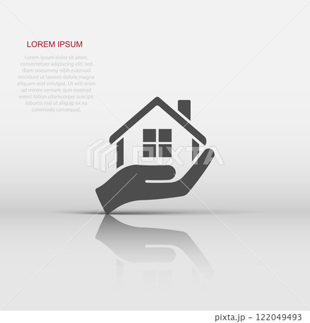Home care icon in flat style. Hand hold house vector illustration on white isolated background. Building quality business concept. Home care icon in flat style. Hand hold house vector illustration on white isolated background. Building quality business concept. 122049493