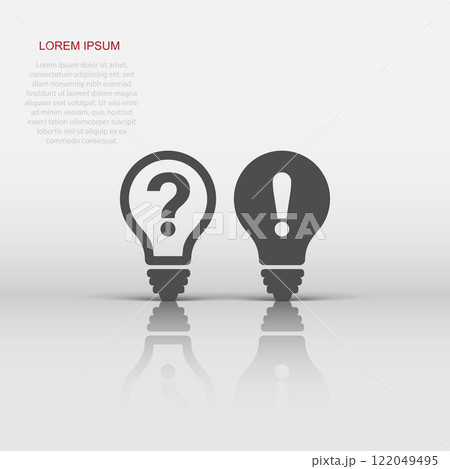 Problem solution icon in flat style. Light bulb idea vector illustration on white isolated background. Question and answer business concept. Problem solution icon in flat style. Light bulb idea vector illustration on white isolated background. Question and answer business concept. 122049495