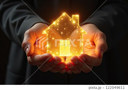Gold luminous symbol of cozy house In palms of hands with golden glitter. Real estate, realtor, mortgage, insurance, booking, insulation, dream of your own home. AI generated 122049611