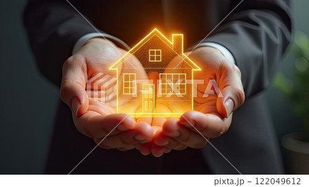 Gold luminous symbol of cozy house In palms of hands with golden glitter. Real estate, realtor, mortgage, insurance, booking, insulation, dream of your own home. AI generated 122049612
