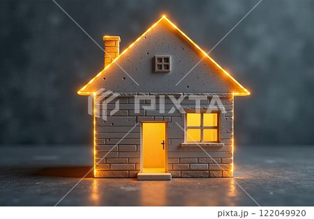 Transparent gold luminous symbol of house on grey concrete background with golden glitter. Real estate, realtor, mortgage, insurance, booking, construction, insulation, heating. AI generated 122049920