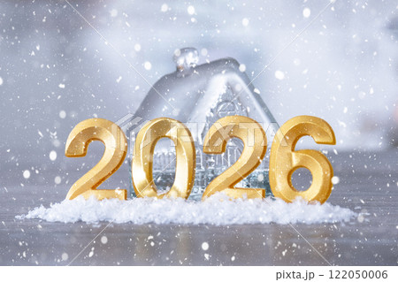 Golden figures number 2026 New Year against the background of tiny house with warm light and garlands. Greeting card, Happy New Year, cozy home Golden figures number 2026 New Year against the background of tiny house with warm light and garlands. Greeting card, Happy New Year, cozy home 122050006
