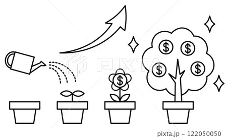 お金のなる木を育てるモノクロイラスト 122050050