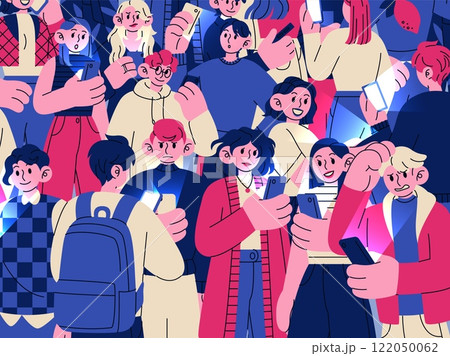 Phone scrolling news. Angry people with smartphones. Mobile device. Men and women reading newsletter. Modern lifestyle. Concept society technology. Many persons on internet. Vector crowd background Phone scrolling news. Angry people with smartphones. Mobile device. Men and women reading newsletter. Modern lifestyle. Concept society technology. Many persons on internet. Vector crowd background 122050062