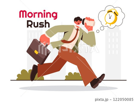 Morning Rush Vector Illustration featuring People Rushing to Businesses, Morning City Life, Time Management, and the Urgency of Time Running Out 122050085
