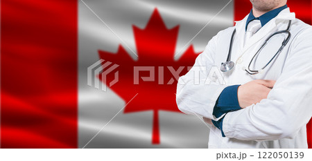 Canada Health and Care concept. Male doctor on Canada flag. Doctor with crossed arms on Canada flag 122050139