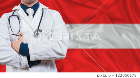 Male doctor with stethoscope on Austria flag. Doctor holding stethoscope on Austrian flag 122050178
