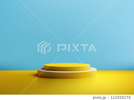 3D Yellow and White Podium with Bright Blue Backdrop for Modern Minimal Product Display, Mockup, and Showcases 3D Yellow and White Podium with Bright Blue Backdrop for Modern Minimal Product Display, Mockup, and Showcases 122050278