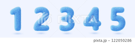 3d blue fur fluffy font numbers from 1 to 5. Furry or soft wool felt numeral icons. Fuzzy figures from one to five with hair texture isolated on white background, render realistic set. 3D illustration 122050286