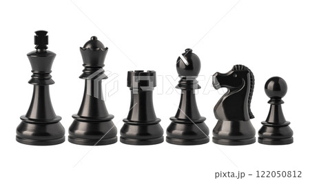 Black and white chess pieces floating on white background 122050812