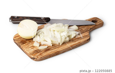 Chopped white onion on wooden cutting board with knife Chopped white onion on wooden cutting board with knife 122050885