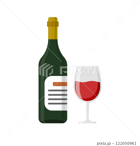 Wine bottle with glass icon in flat style. Alcohol drink vector illustration on isolated background. Champagne beverage sign business concept. 122050961