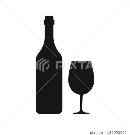 Wine bottle with glass icon in flat style. Alcohol drink vector illustration on isolated background. Champagne beverage sign business concept. 122050962