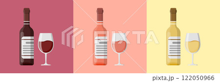 Wine bottles with glasses icon in flat style. Alcohol drink vector illustration on isolated background. Champagne beverage sign business concept. 122050966