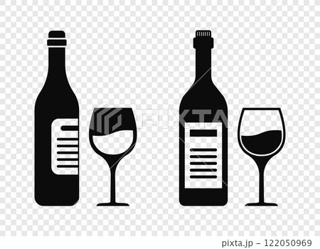 Wine bottle with glass icon in flat style. Alcohol drink vector illustration on isolated background. Champagne beverage sign business concept. 122050969