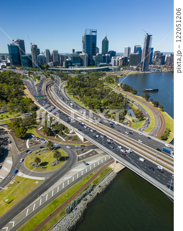 Aerial vertical view of Perth city and highway traffic in Australia 122051206