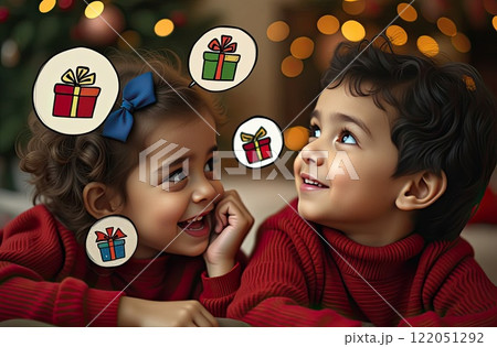 Curly-haired boy and girl in sweaters dreaming about gifts for the new year - big cartoon drawn circles with gifts symbols inside circles flying around them head. In Christmas interior of the house. 122051292