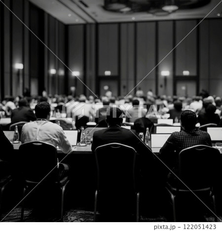 巨大な会議室でミーティングを行うスタッフたち 122051423