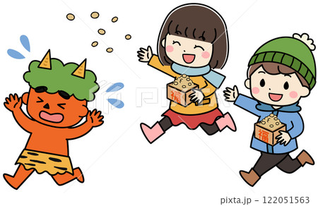 節分で鬼に豆まきをする子供たちのイラスト 122051563