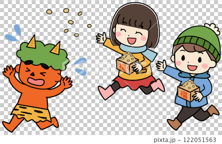 Illustration of children throwing beans at a demon on Setsubun 122051563
