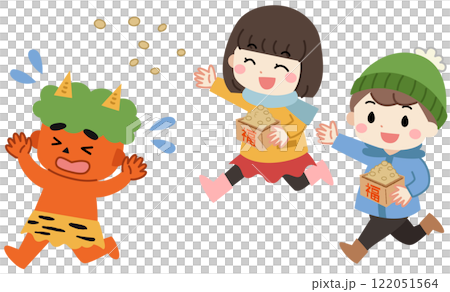 節分期間孩子們向惡魔丟豆子的插圖 節分期間孩子們向惡魔丟豆子的插圖 122051564