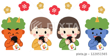 節分で恵方巻を食べる鬼と子供たちのイラスト 122051565