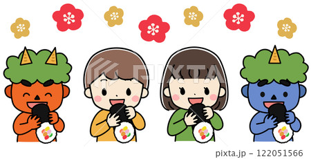 節分で恵方巻を食べる鬼と子供たちのイラスト 122051566