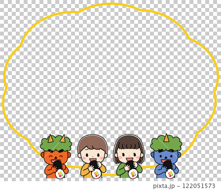 Frame illustration of demons and children eating ehomaki on Setsubun Frame illustration of demons and children eating ehomaki on Setsubun 122051573