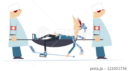 Injured ice hockey player, two physicians with a stretcher. Two physicians carry injured ice hockey player in a stretcher. Isolated on white background Injured ice hockey player, two physicians with a stretcher. Two physicians carry injured ice hockey player in a stretcher. Isolated on white background 122051736
