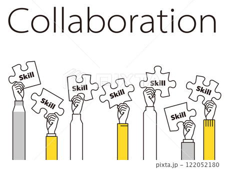 コラボレーションをイメージしたイラスト。パズルを持った人々　文字あり 122052180