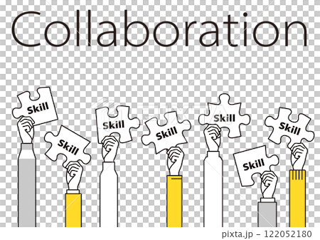 コラボレーションをイメージしたイラスト。パズルを持った人々　文字あり 122052180