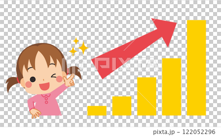 Illustration of a rising graph and a cute little girl pointing up, white background, vector, clip art 122052296