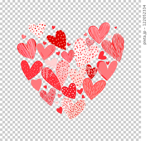 Vector illustration of a Valentine's Day design with colorful hand-drawn hearts 122052334