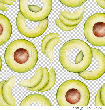 Watercolor avocado seamless pattern on white background. Green vegetable illustration. Hand drawn botanical plant drawing background for pack, textile, fabric and food packaging design. 122052384