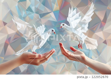 Origami-style white doves perched on open hands with a geometric pastel background, symbolizing peace, harmony, and human connection Origami-style white doves perched on open hands with a geometric pastel background, symbolizing peace, harmony, and human connection 122052670