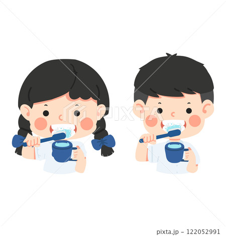 Adorable schoolboy brushing her teeth 122052991
