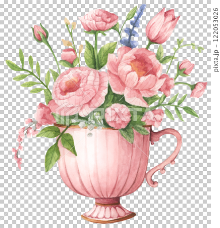 Watercolor floral arrangement in cup. 122053026